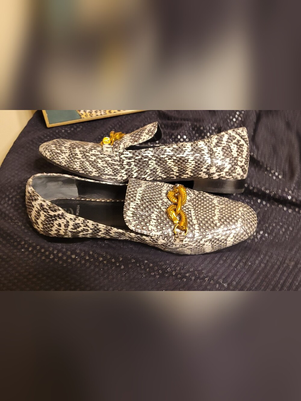 Women's Snake-Print Loafers with Gold Chain Accent - Black & White